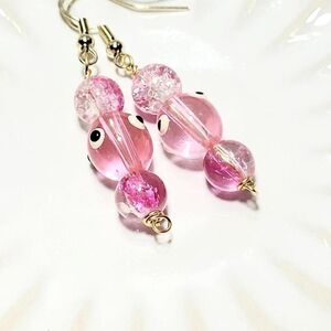 Pink Glass Gold plated Hooks Hidden Meaning earrings Throwback Kid 648■